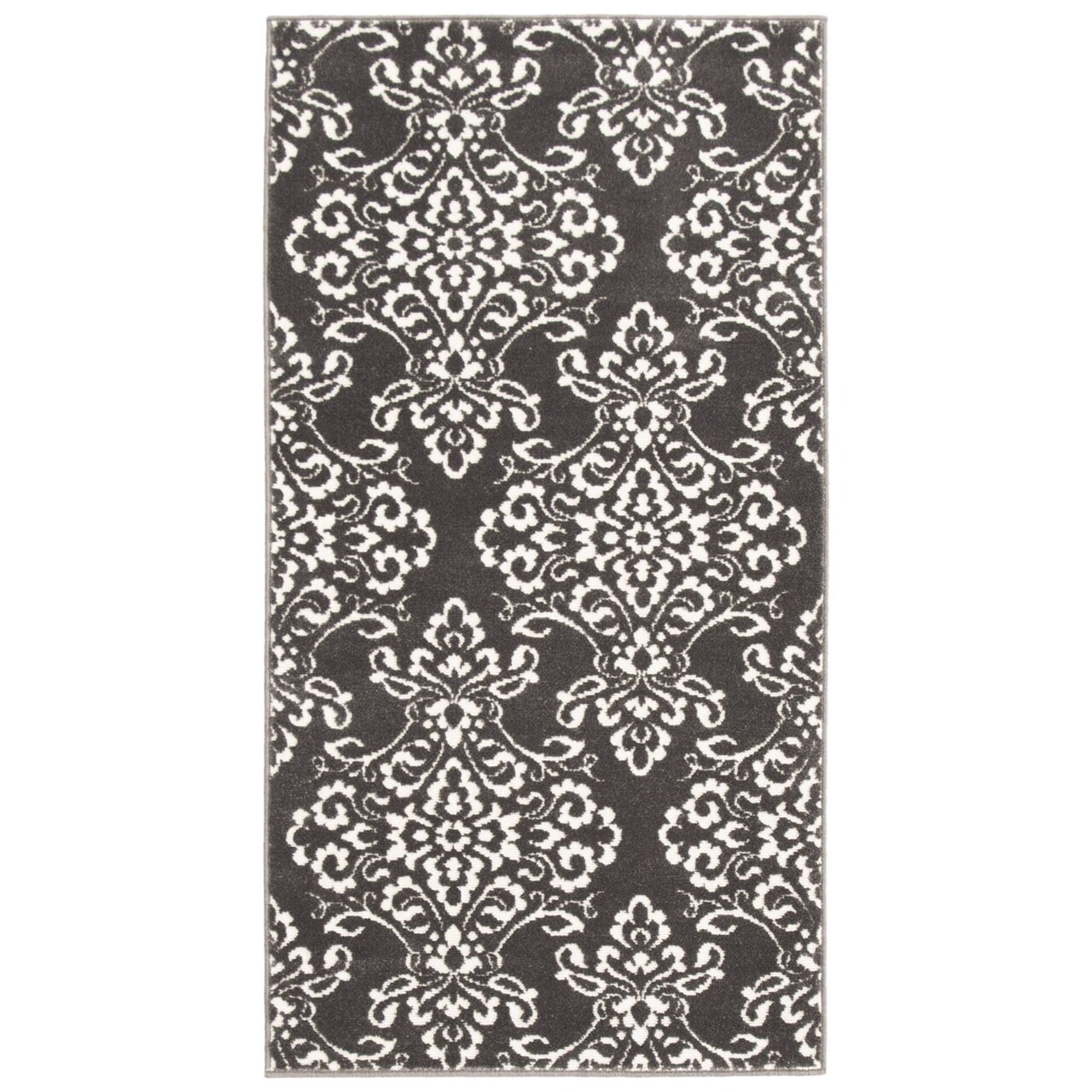 Chaudhary Living 2.5' x 5' Damask Rectangular Area Throw Rug - Gray and White